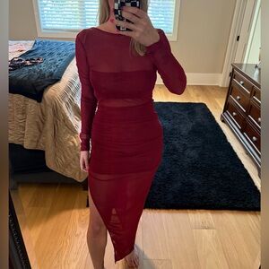 Lulus Burgundy Sheer Maxi Dress Medium NWT